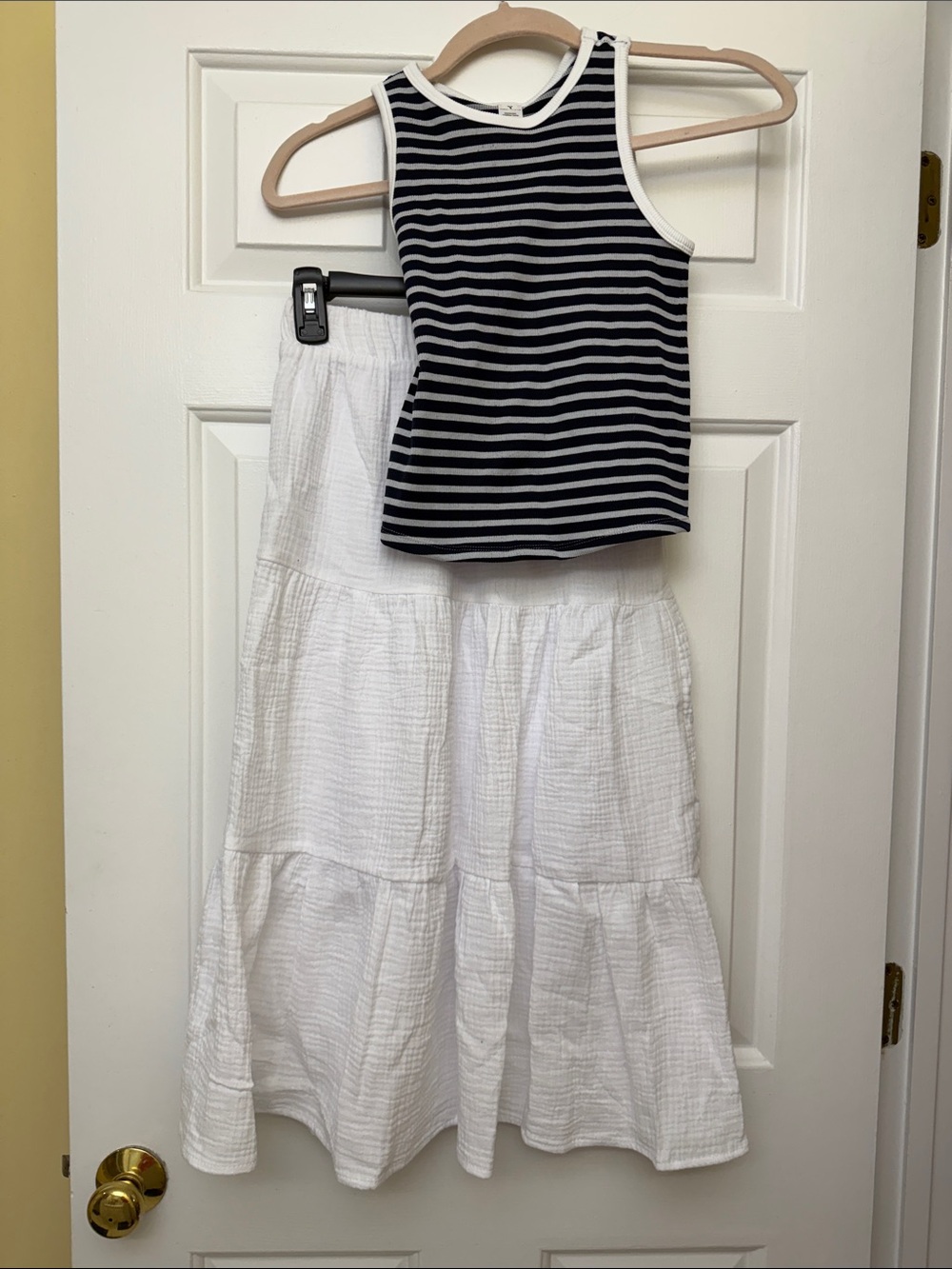 Girls White Tiered Maxi Skirt with striped tank - Classic Summer Staple